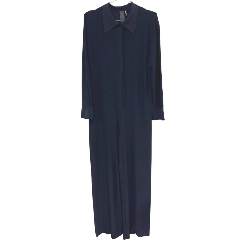 NORMA KAMALI Long Sleeve Wide Leg Jumpsuit Size Small Collared Navy Blue Formal